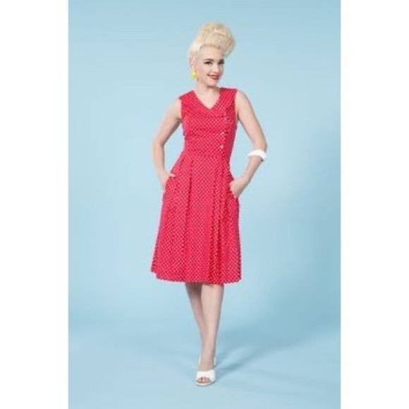 Golightly Pinup Retro Judie Red Stretch Cotton Polkadot Sleeveless Dress EUC S - Picture 2 of 9